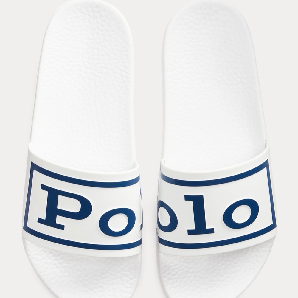 White polo Ralph Lauren slides
